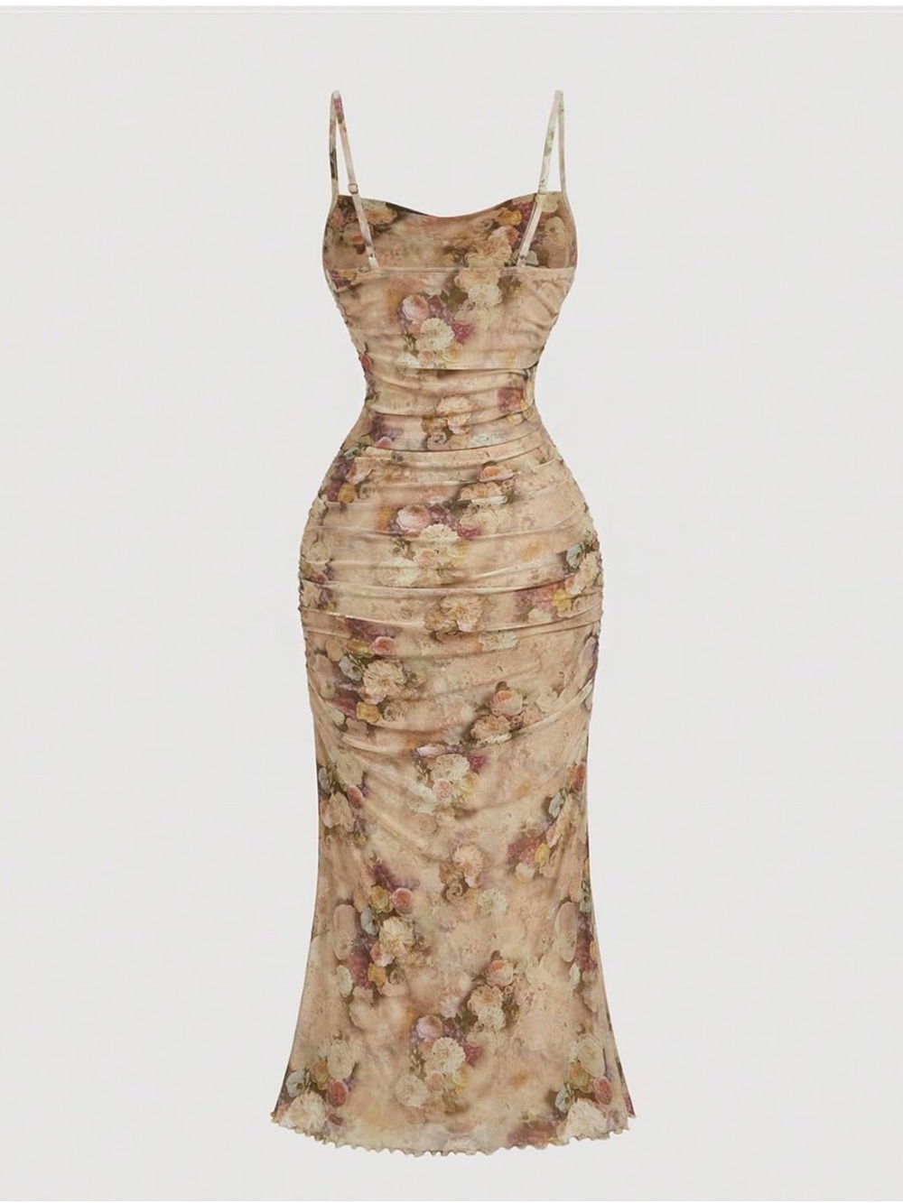 Women’s Dres Floral Beige Spaghetti-Strap Bodycon Size XS-S